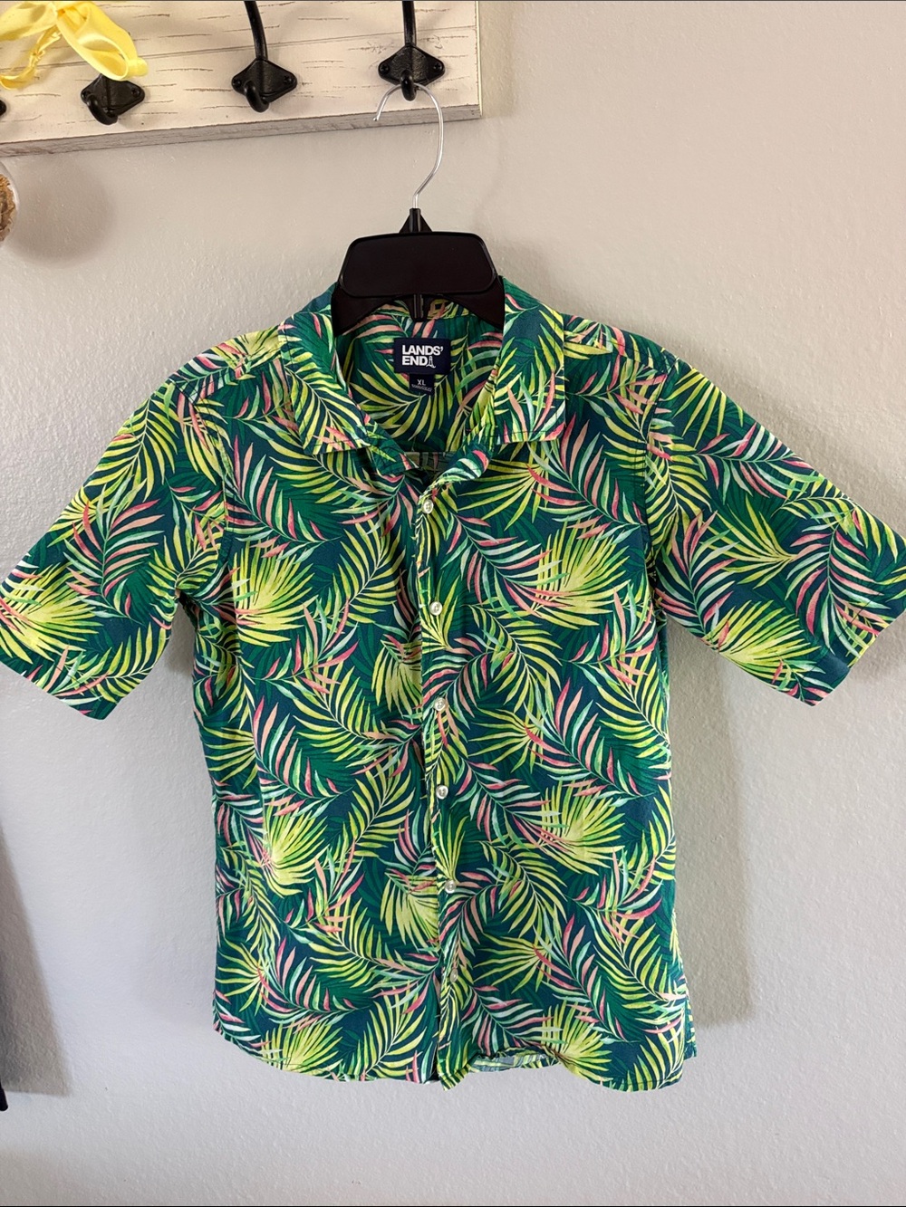 Lands' End Green Tropical Palm Short-Sleeve Button-Down Shirt